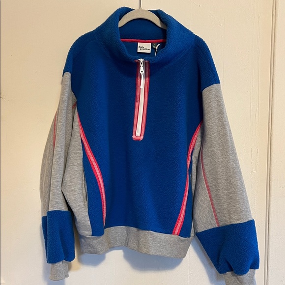 Daily Practice Tops - Anthropology /daily practice Blue and Gray Zip-Up Sweater with Pink Accents